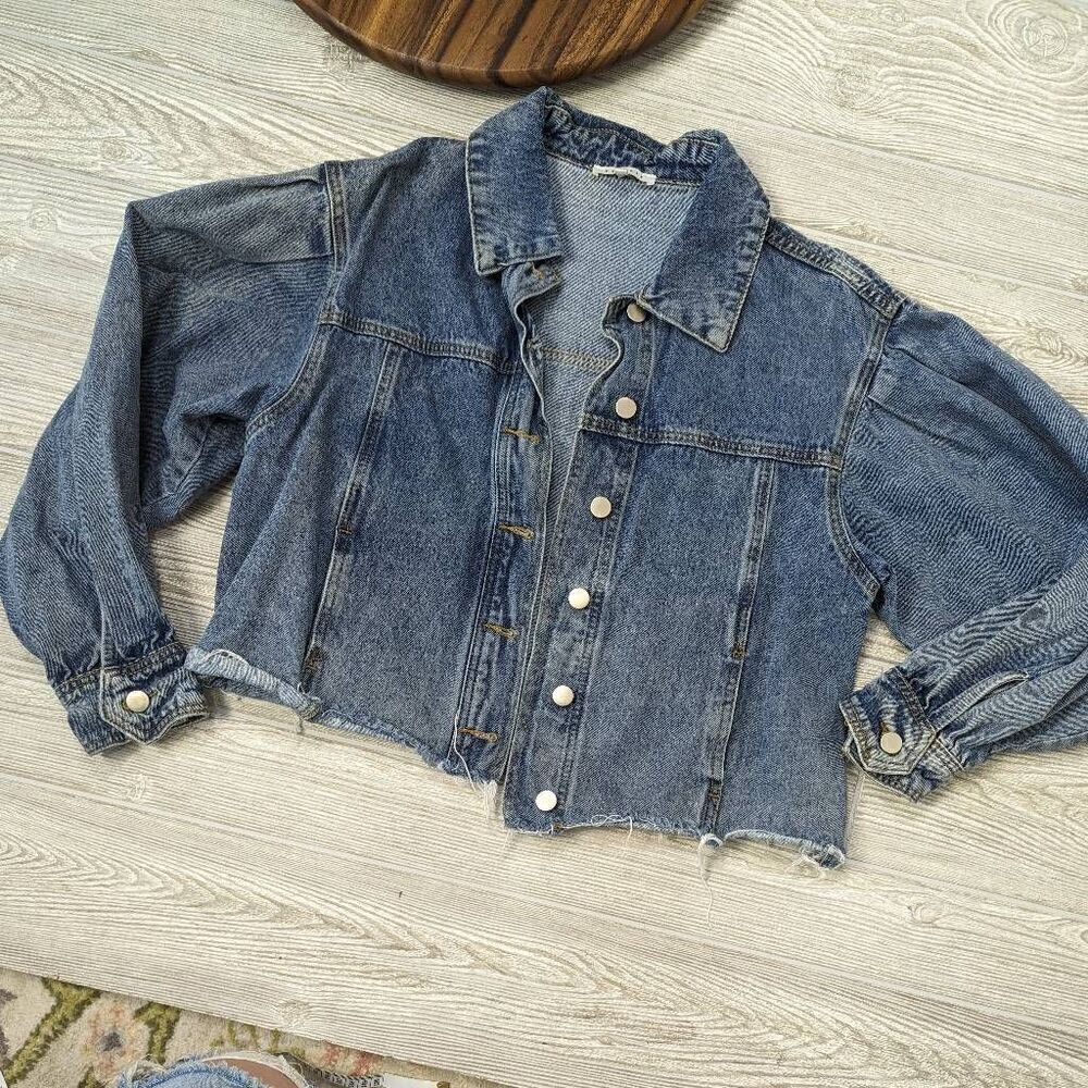 Baevely Womens Medium Cut Off Cropped Denim Jacket Blue Button Front Raw Hem